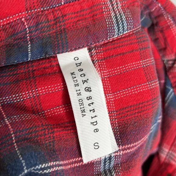 Check & Stripe Red Plaid Flannel Button Down Shirt Camping Fishing Size Small - Picture 4 of 5